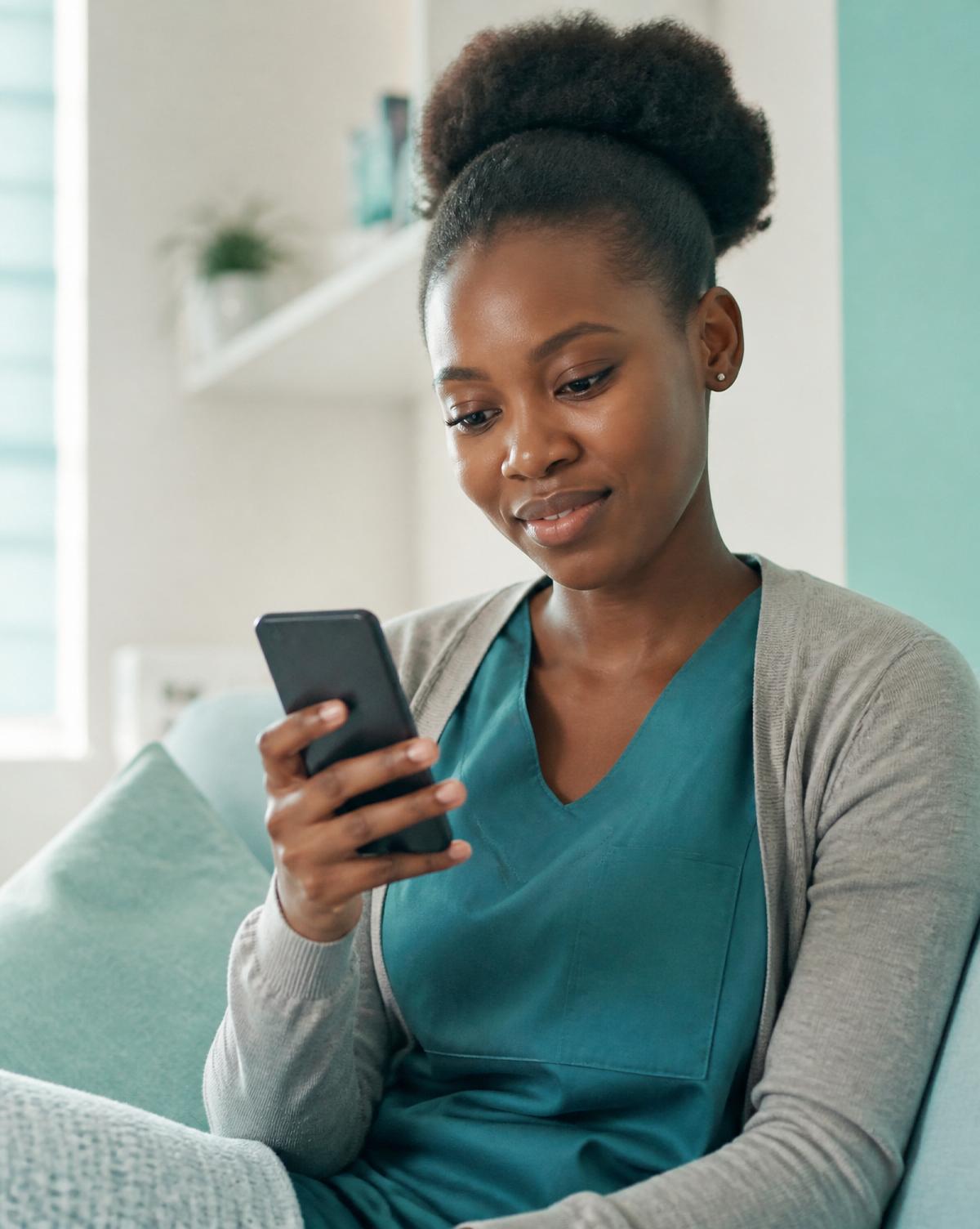 A patient checking her QuickMed care plan on her phone at home